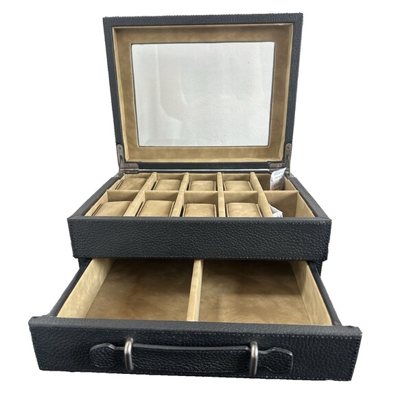 Fossil 10 Piece Watch Box Black w/ Storage Pull Out Drawer Jewelry Leather Trim - Picture 2 of 10